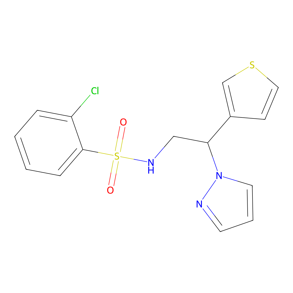 N-(2-(1H-pyrazol-1-yl)-2-(thiophen-3-yl)ethyl)-2-chlorobenzenesulfonamide molecular structure, CAS 2034341-36-9