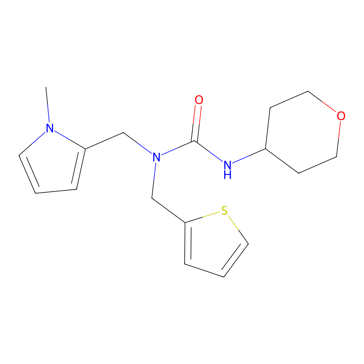 1-((1-methyl-1H-pyrrol-2-yl)methyl)-3-(tetrahydro-2H-pyran-4-yl)-1-(thiophen-2-ylmethyl)urea molecular structure, CAS 2034341-41-6