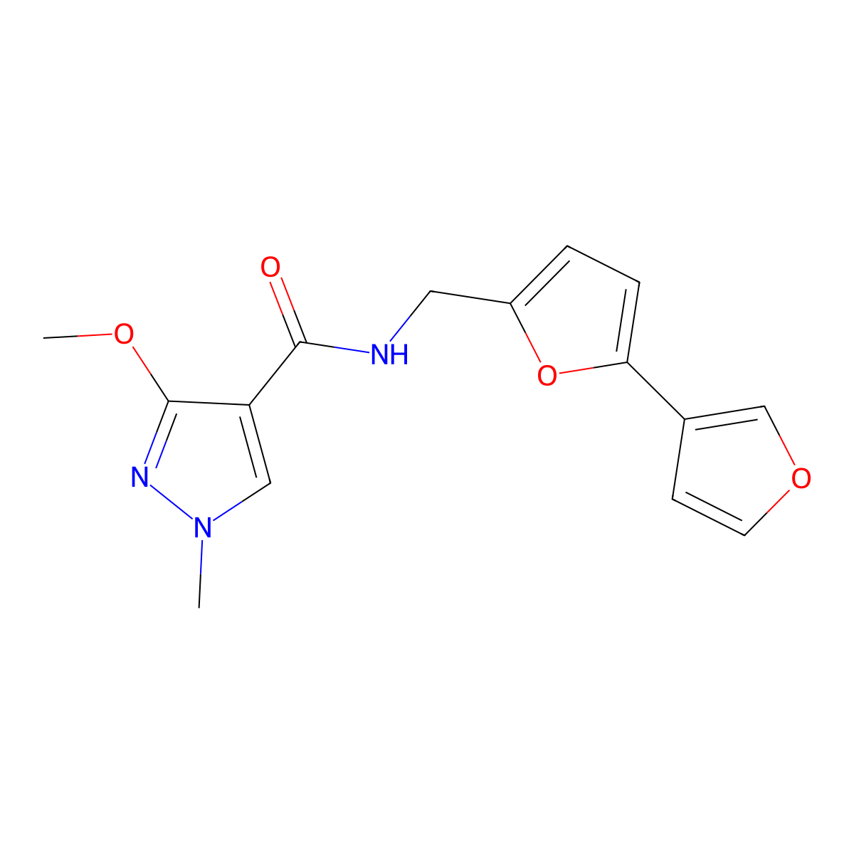 N-([2,3'-bifuran]-5-ylmethyl)-3-methoxy-1-methyl-1H-pyrazole-4-carboxamide molecular structure, CAS 2034341-42-7