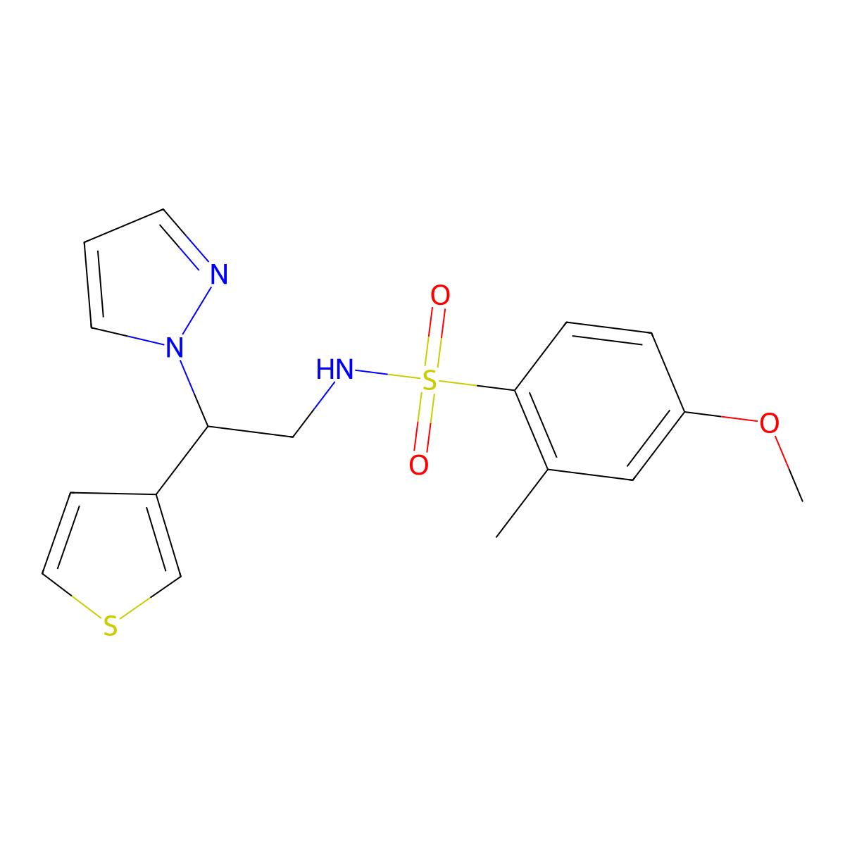 N-(2-(1H-pyrazol-1-yl)-2-(thiophen-3-yl)ethyl)-4-methoxy-2-methylbenzenesulfonamide molecular structure, CAS 2034341-43-8
