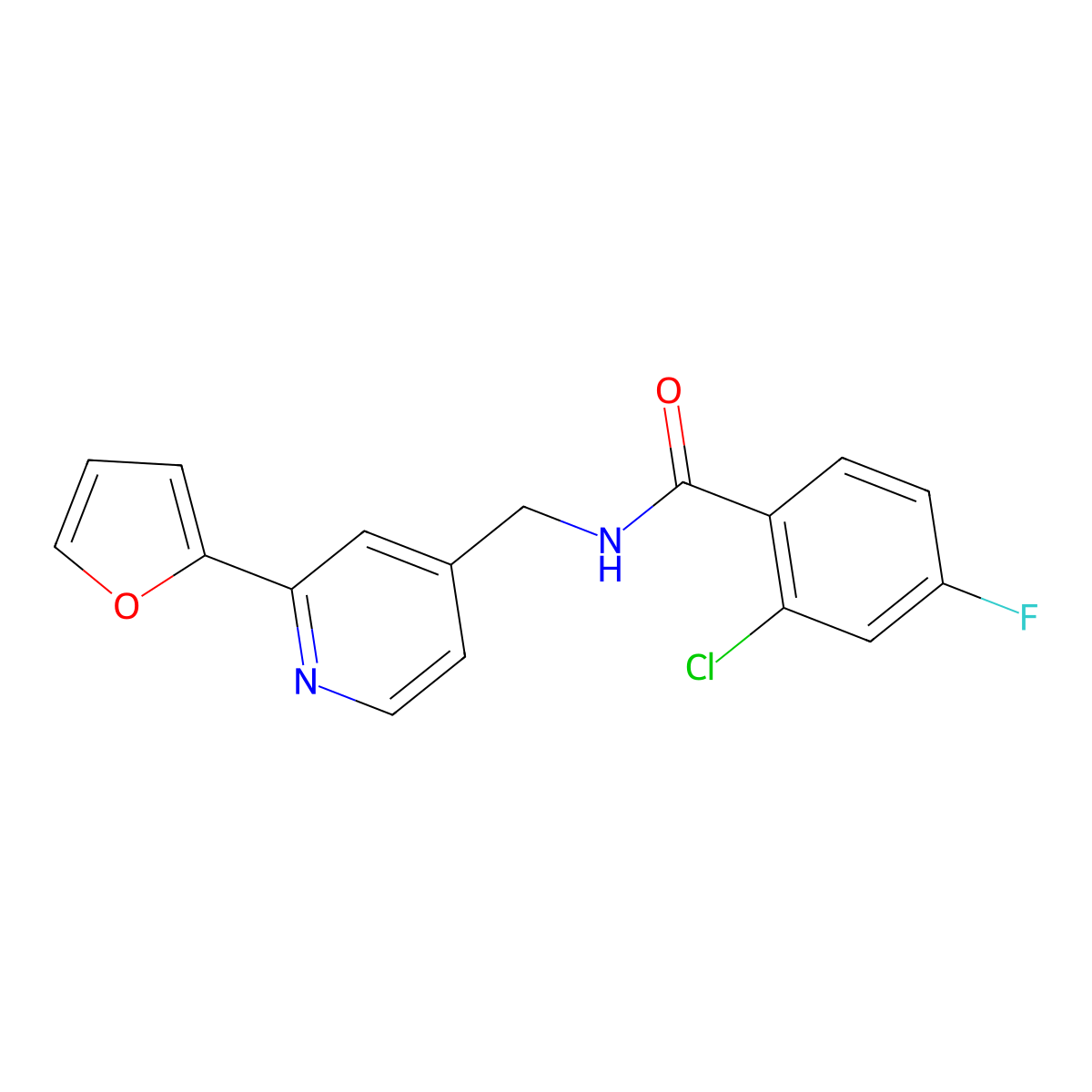 2-chloro-4-fluoro-N-{[2-(furan-2-yl)pyridin-4-yl]methyl}benzamide molecular structure, CAS 2034341-48-3