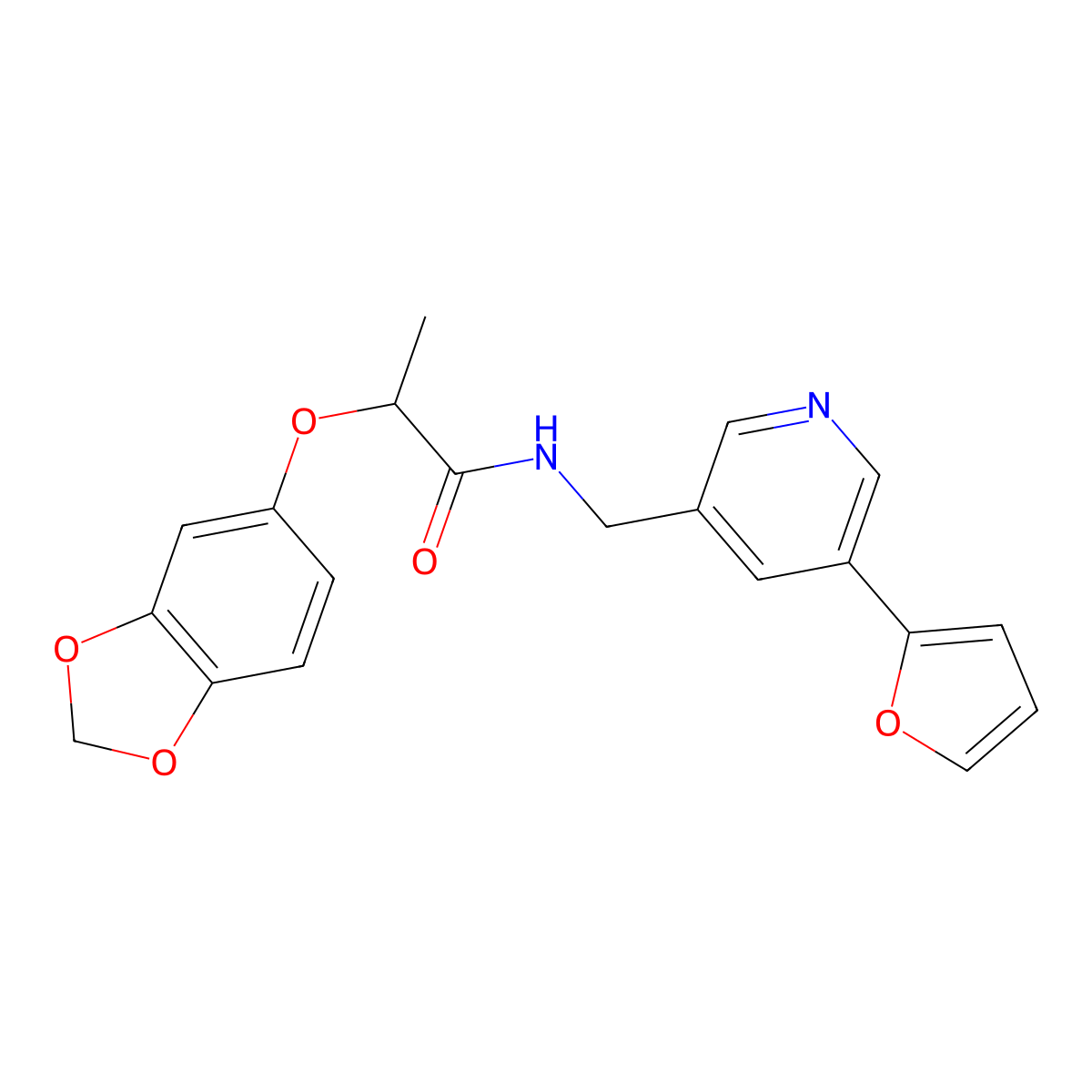 2-(benzo[d][1,3]dioxol-5-yloxy)-N-((5-(furan-2-yl)pyridin-3-yl)methyl)propanamide molecular structure, CAS 2034341-57-4