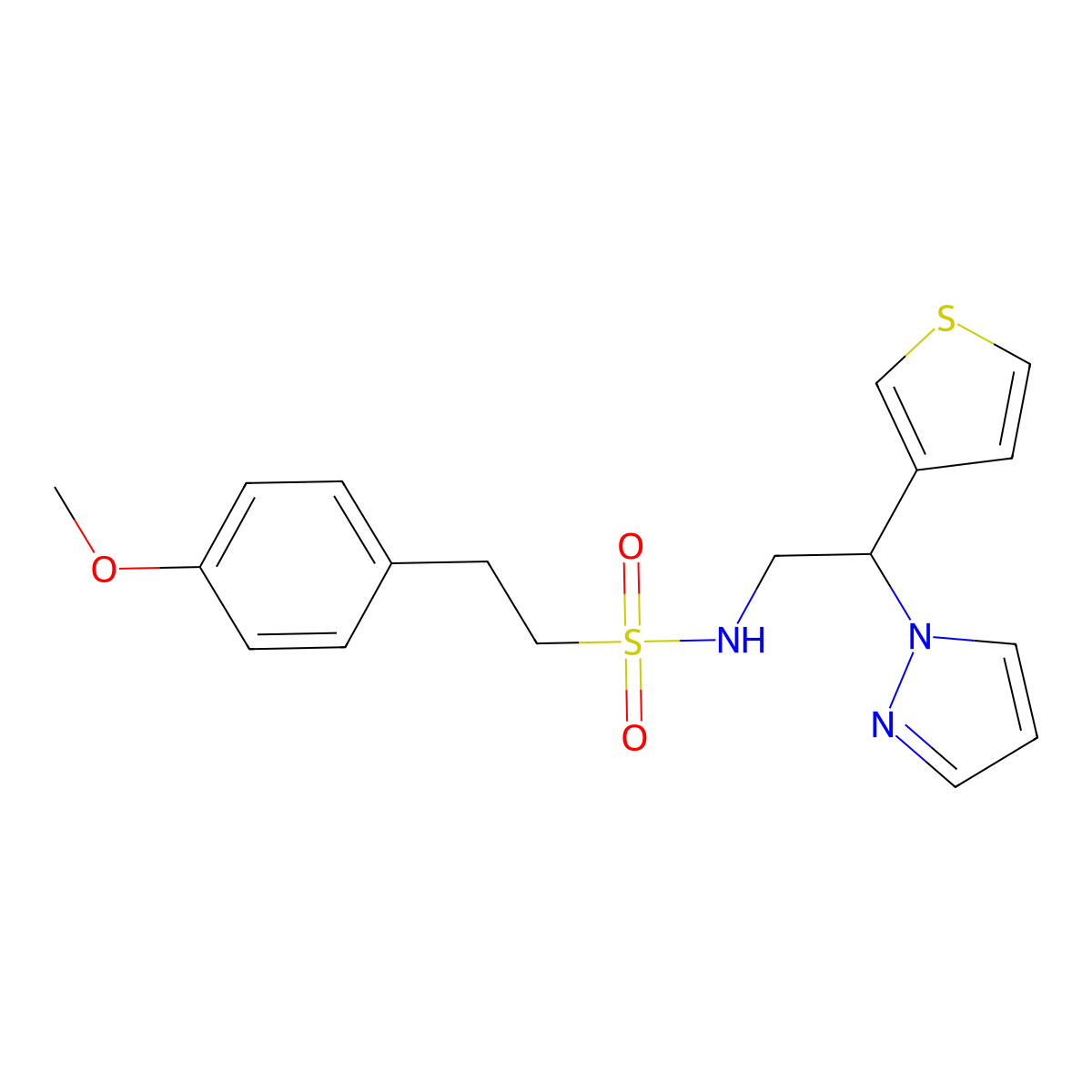N-(2-(1H-pyrazol-1-yl)-2-(thiophen-3-yl)ethyl)-2-(4-methoxyphenyl)ethanesulfonamide molecular structure, CAS 2034341-59-6