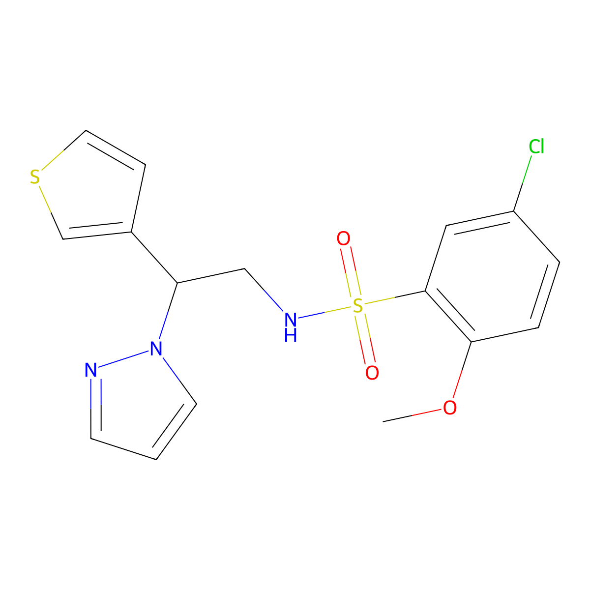 N-(2-(1H-pyrazol-1-yl)-2-(thiophen-3-yl)ethyl)-5-chloro-2-methoxybenzenesulfonamide molecular structure, CAS 2034341-66-5
