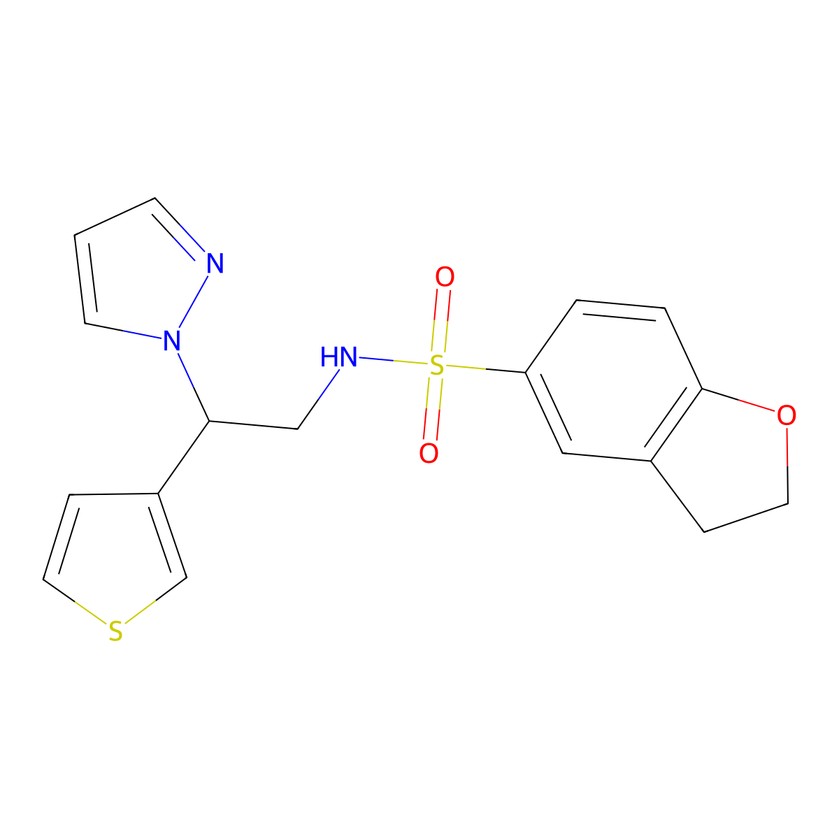 N-[2-(1H-pyrazol-1-yl)-2-(thiophen-3-yl)ethyl]-2,3-dihydro-1-benzofuran-5-sulfonamide molecular structure, CAS 2034341-74-5