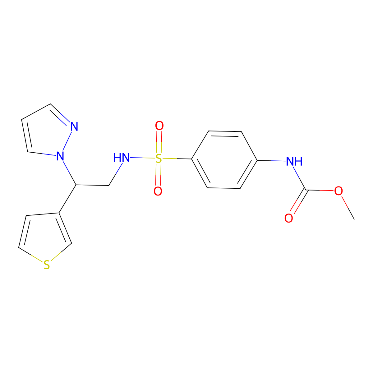 methyl (4-(N-(2-(1H-pyrazol-1-yl)-2-(thiophen-3-yl)ethyl)sulfamoyl)phenyl)carbamate molecular structure, CAS 2034341-83-6