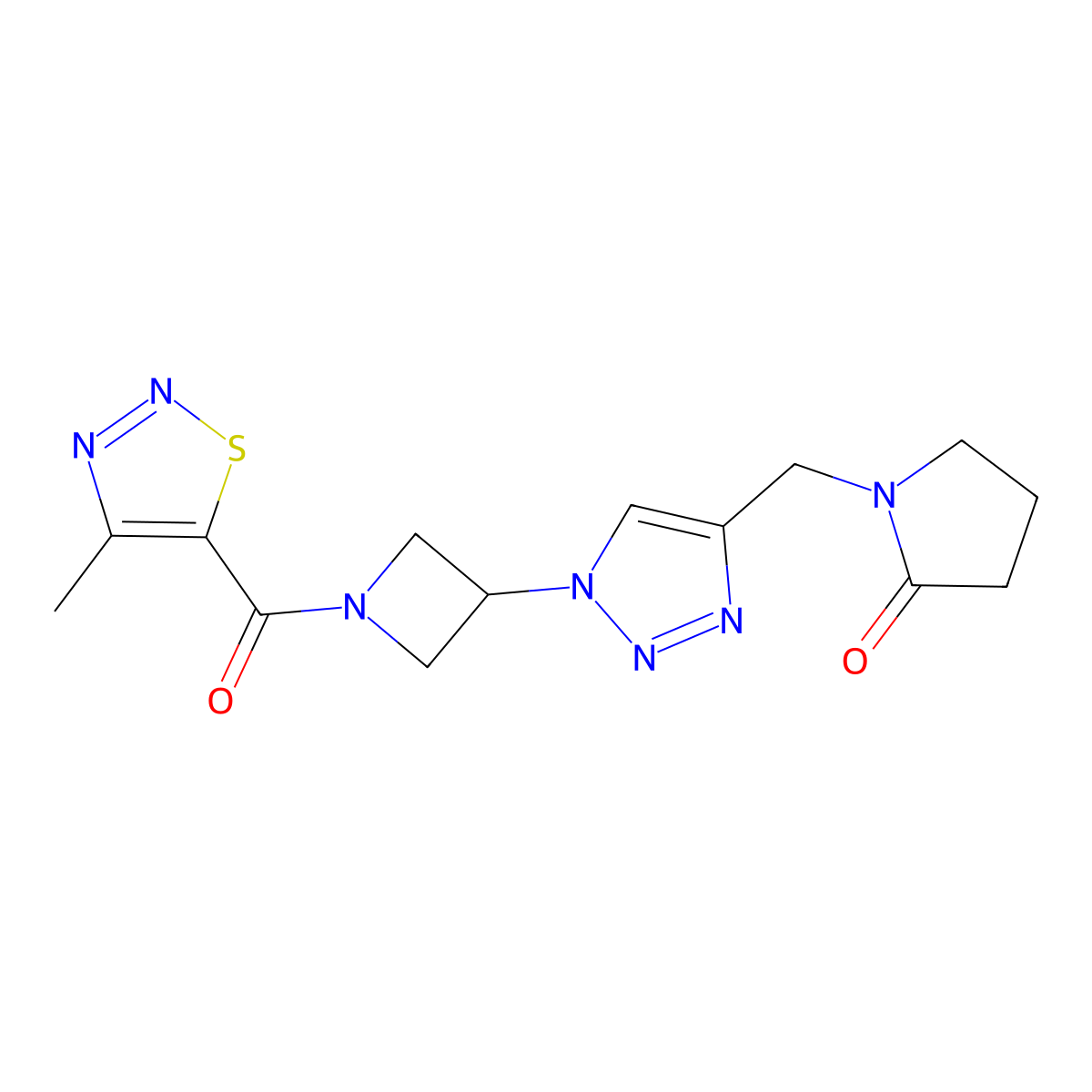 1-({1-[1-(4-methyl-1,2,3-thiadiazole-5-carbonyl)azetidin-3-yl]-1H-1,2,3-triazol-4-yl}methyl)pyrrolidin-2-one molecular structure, CAS 2034341-89-2