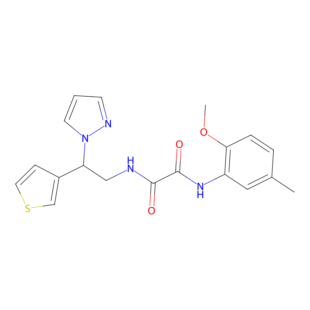 N1-(2-(1H-pyrazol-1-yl)-2-(thiophen-3-yl)ethyl)-N2-(2-methoxy-5-methylphenyl)oxalamide molecular structure, CAS 2034342-07-7