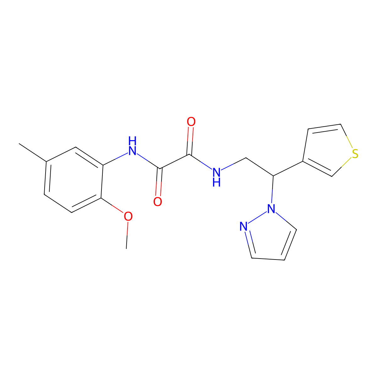 N1-(2-(1H-pyrazol-1-yl)-2-(thiophen-3-yl)ethyl)-N2-(2-methoxy-5-methylphenyl)oxalamide molecular structure, CAS 2034342-07-7