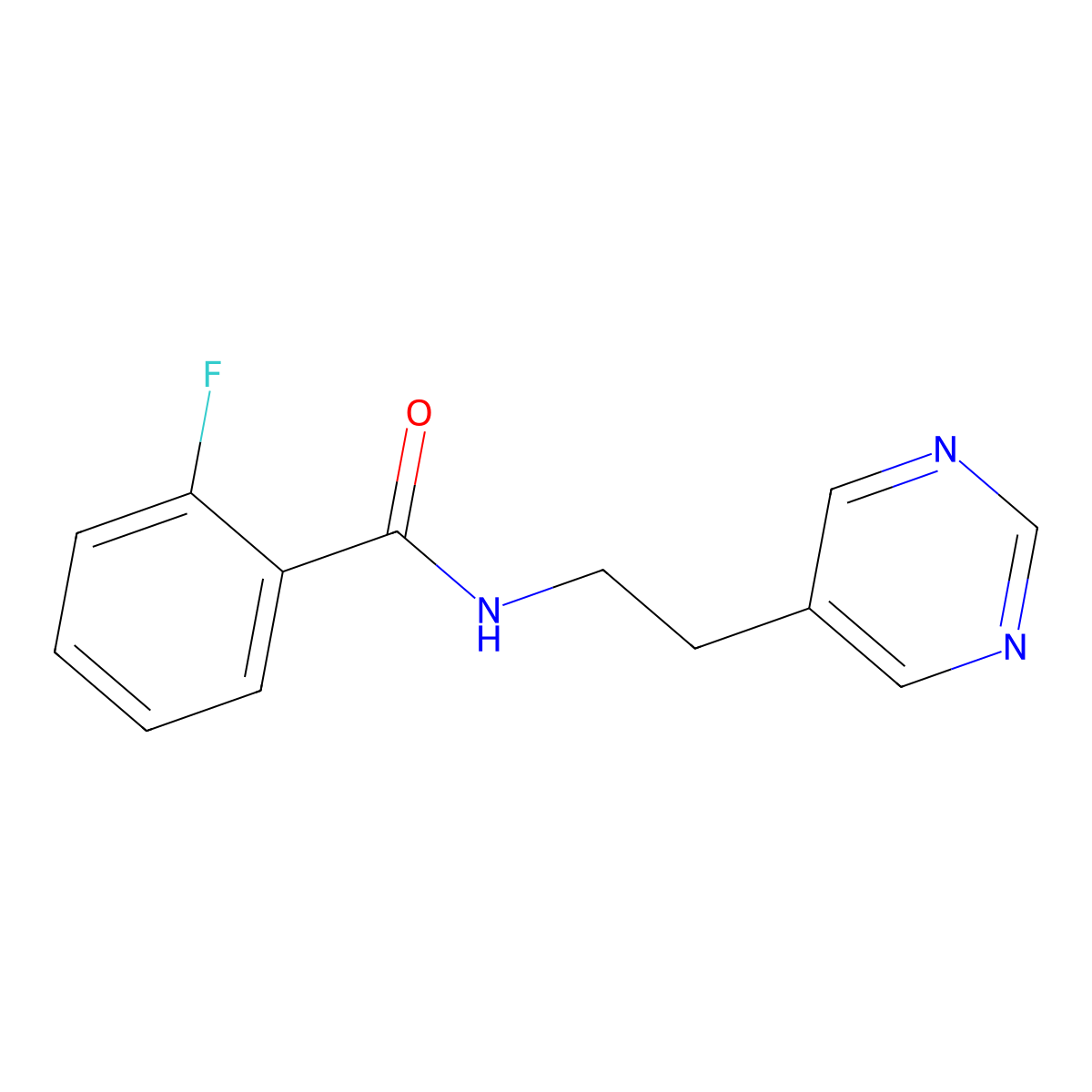 2-fluoro-N-(2-(pyrimidin-5-yl)ethyl)benzamide molecular structure, CAS 2034342-08-8