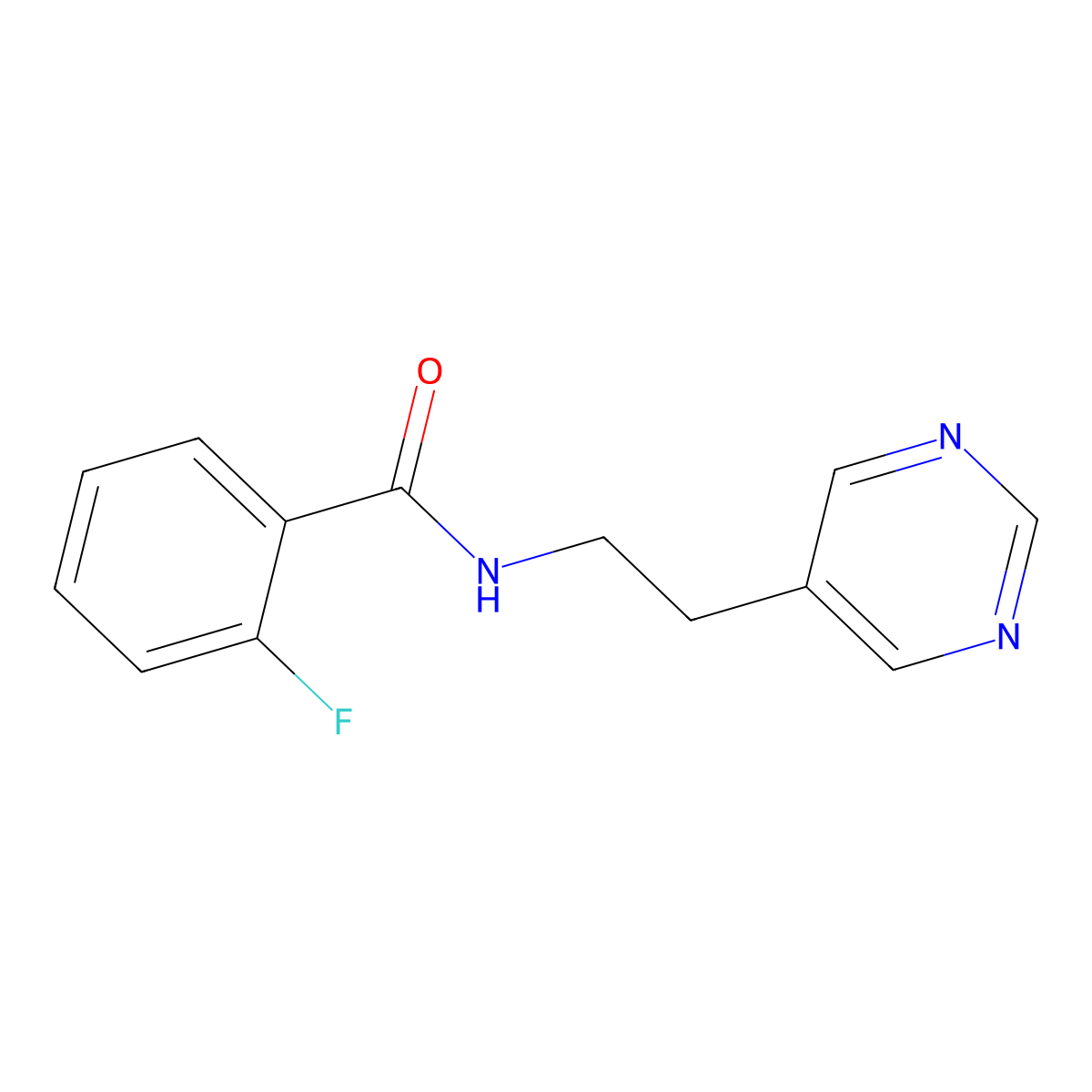 2-fluoro-N-(2-(pyrimidin-5-yl)ethyl)benzamide molecular structure, CAS 2034342-08-8