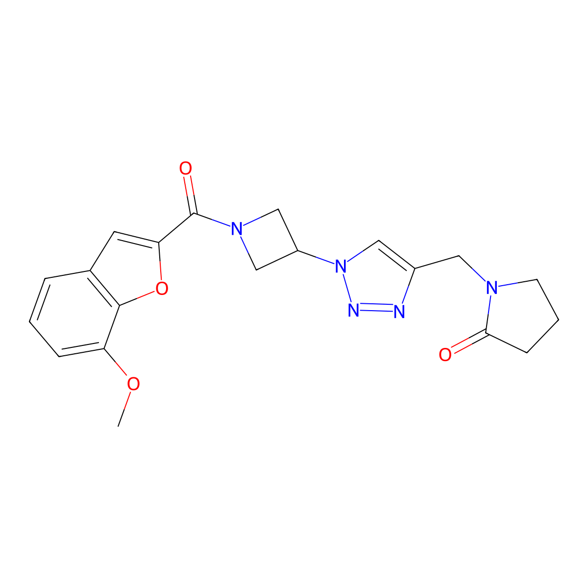 1-((1-(1-(7-methoxybenzofuran-2-carbonyl)azetidin-3-yl)-1H-1,2,3-triazol-4-yl)methyl)pyrrolidin-2-one molecular structure, CAS 2034342-12-4