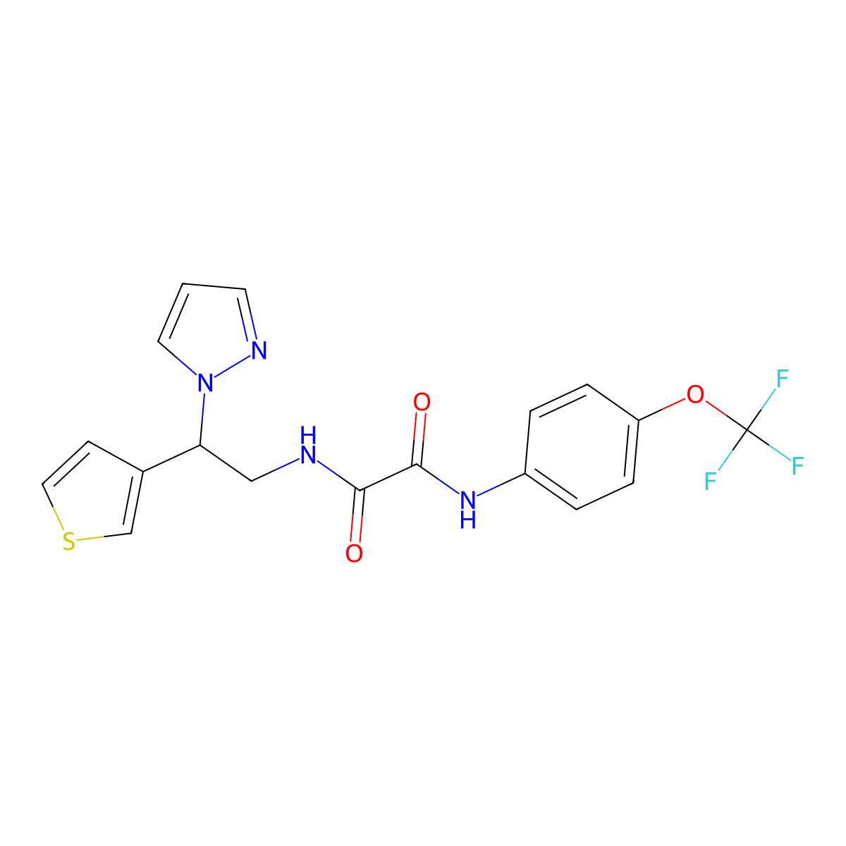 N1-(2-(1H-pyrazol-1-yl)-2-(thiophen-3-yl)ethyl)-N2-(4-(trifluoromethoxy)phenyl)oxalamide molecular structure, CAS 2034342-13-5