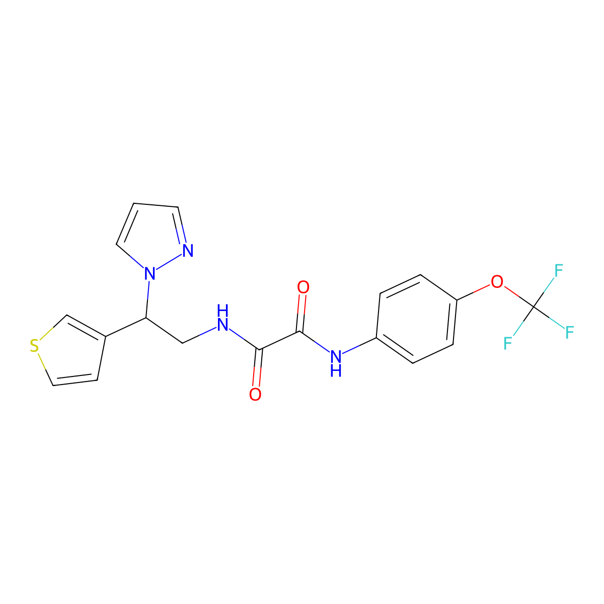 N1-(2-(1H-pyrazol-1-yl)-2-(thiophen-3-yl)ethyl)-N2-(4-(trifluoromethoxy)phenyl)oxalamide molecular structure, CAS 2034342-13-5
