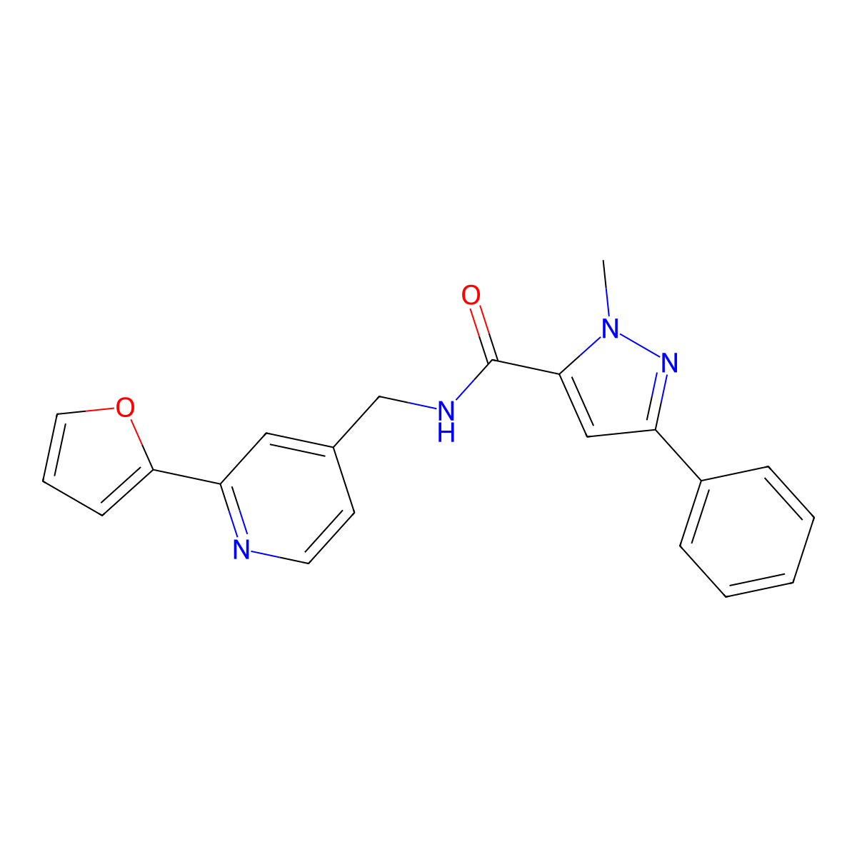 N-{[2-(furan-2-yl)pyridin-4-yl]methyl}-1-methyl-3-phenyl-1H-pyrazole-5-carboxamide molecular structure, CAS 2034342-14-6