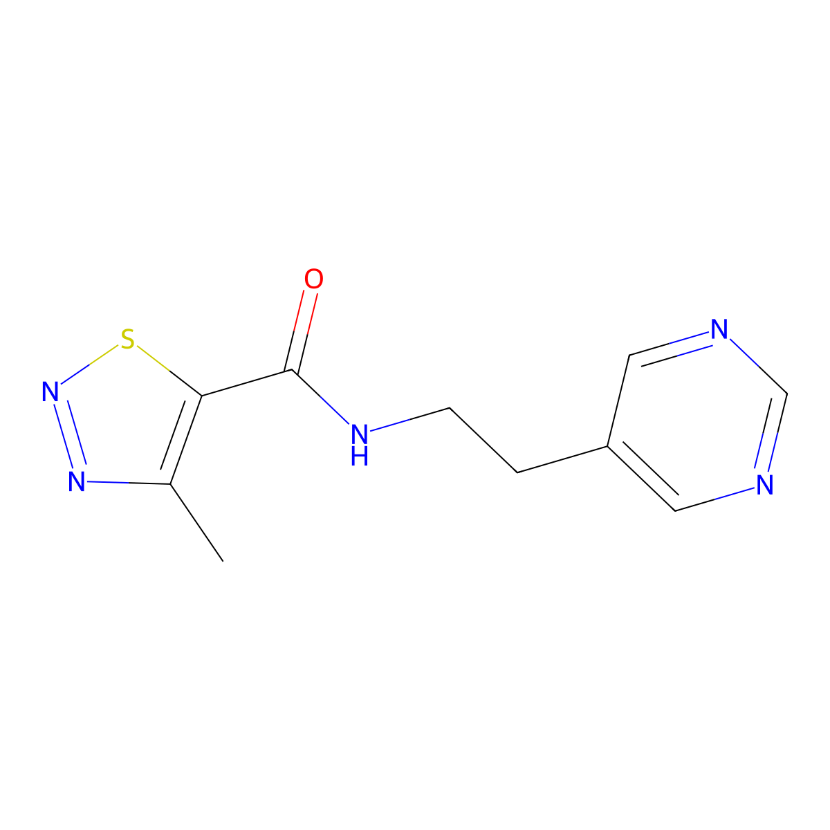 4-methyl-N-(2-(pyrimidin-5-yl)ethyl)-1,2,3-thiadiazole-5-carboxamide molecular structure, CAS 2034342-20-4