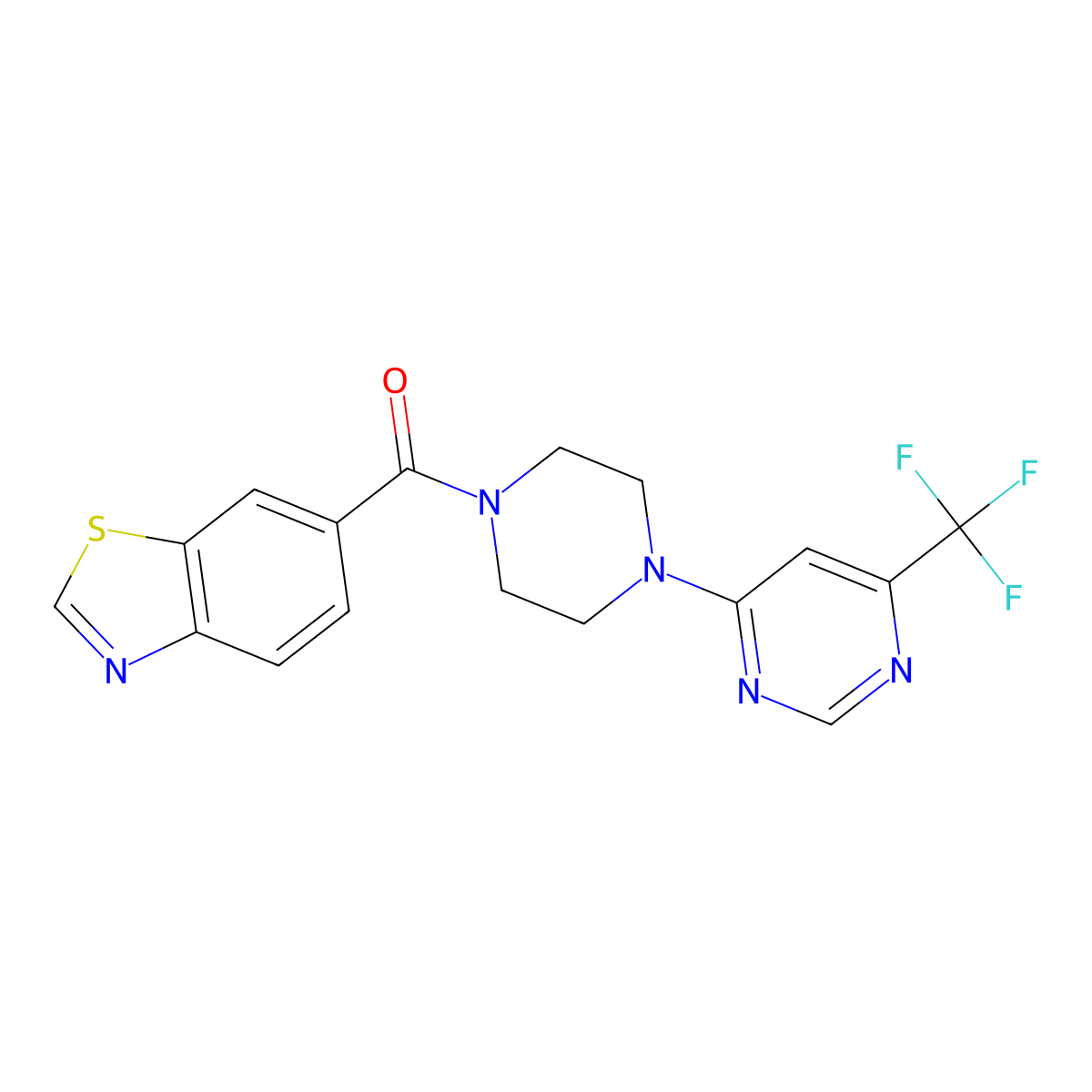 Benzo[d]thiazol-6-yl(4-(6-(trifluoromethyl)pyrimidin-4-yl)piperazin-1-yl)methanone molecular structure, CAS 2034342-22-6