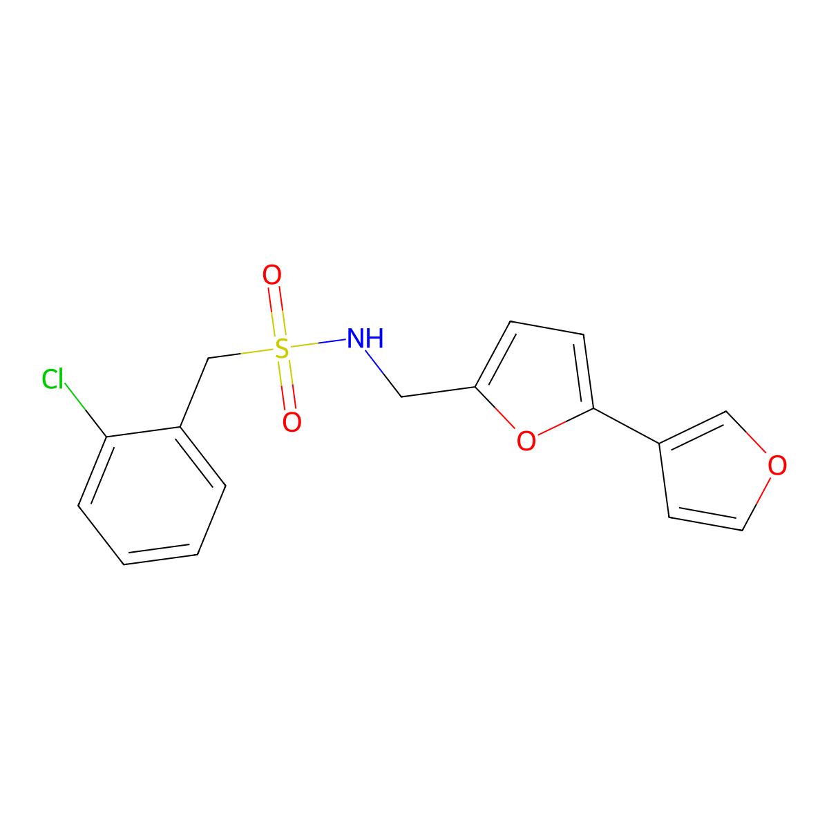 N-([2,3'-bifuran]-5-ylmethyl)-1-(2-chlorophenyl)methanesulfonamide molecular structure, CAS 2034342-27-1