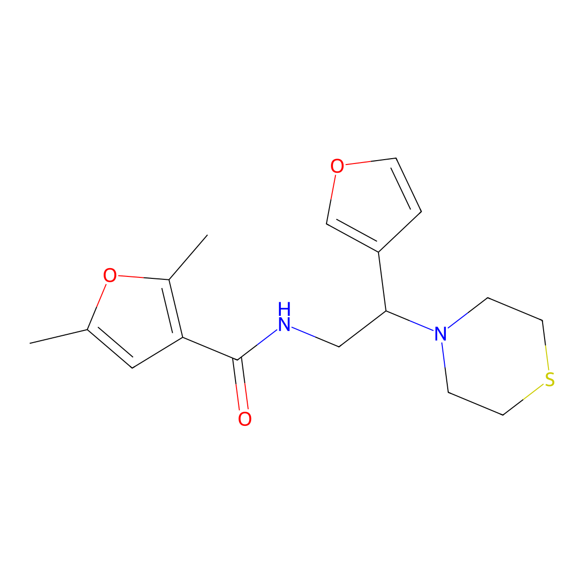 N-(2-(furan-3-yl)-2-thiomorpholinoethyl)-2,5-dimethylfuran-3-carboxamide molecular structure, CAS 2034342-28-2