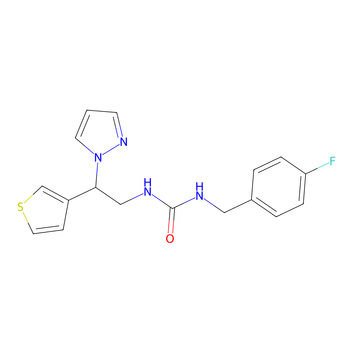 1-(2-(1H-pyrazol-1-yl)-2-(thiophen-3-yl)ethyl)-3-(4-fluorobenzyl)urea molecular structure, CAS 2034342-30-6
