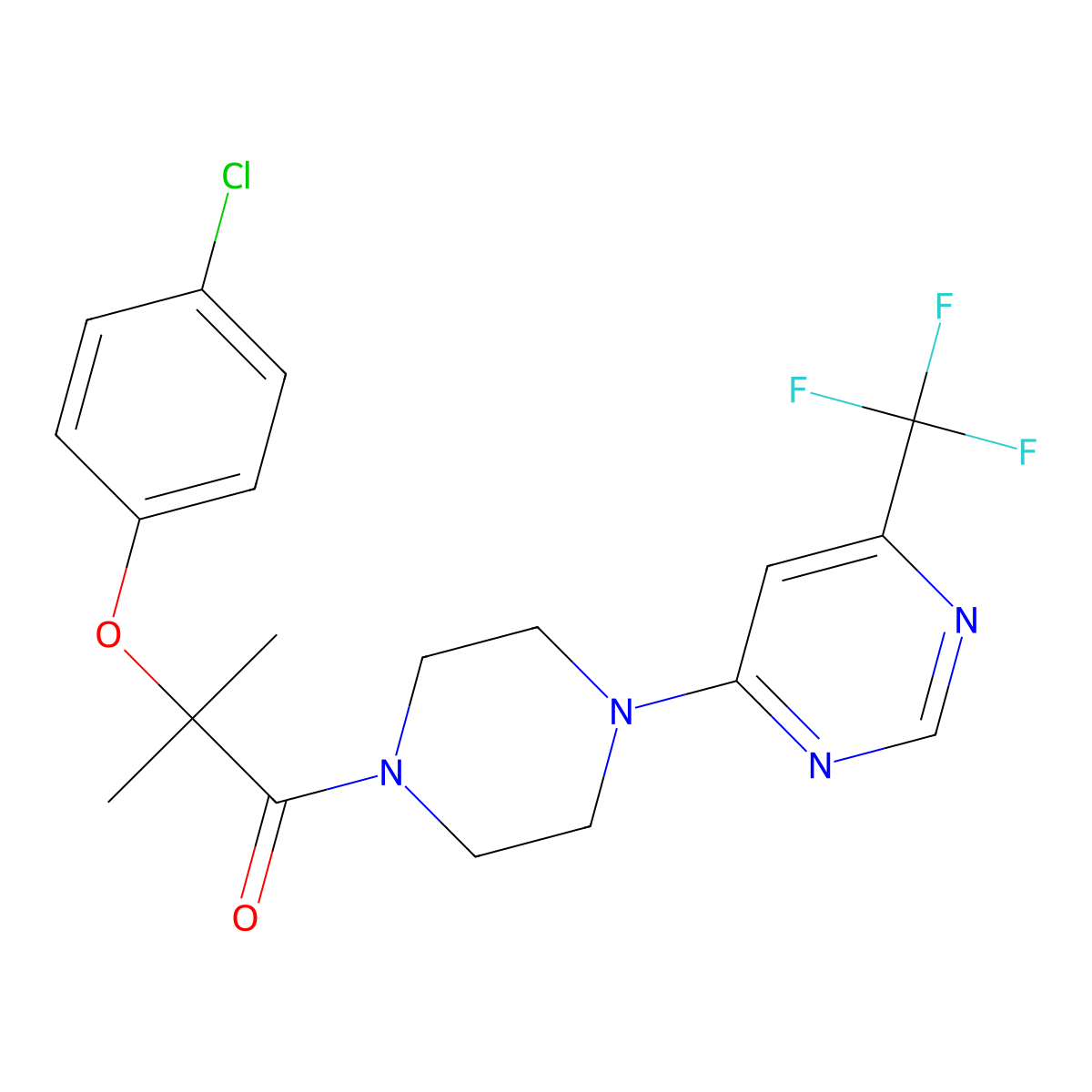 2-(4-Chlorophenoxy)-2-methyl-1-(4-(6-(trifluoromethyl)pyrimidin-4-yl)piperazin-1-yl)propan-1-one molecular structure, CAS 2034342-31-7