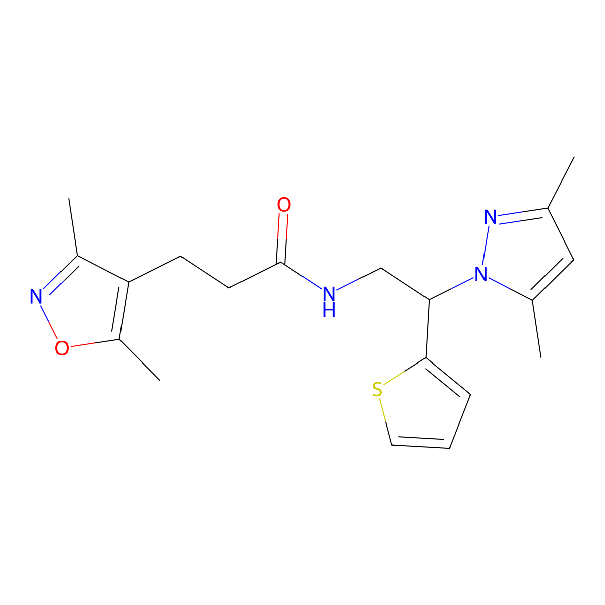 N-(2-(3,5-dimethyl-1H-pyrazol-1-yl)-2-(thiophen-2-yl)ethyl)-3-(3,5-dimethylisoxazol-4-yl)propanamide molecular structure, CAS 2034342-32-8