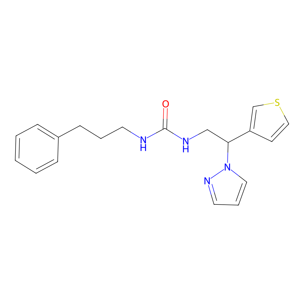 1-(2-(1H-pyrazol-1-yl)-2-(thiophen-3-yl)ethyl)-3-(3-phenylpropyl)urea molecular structure, CAS 2034342-39-5