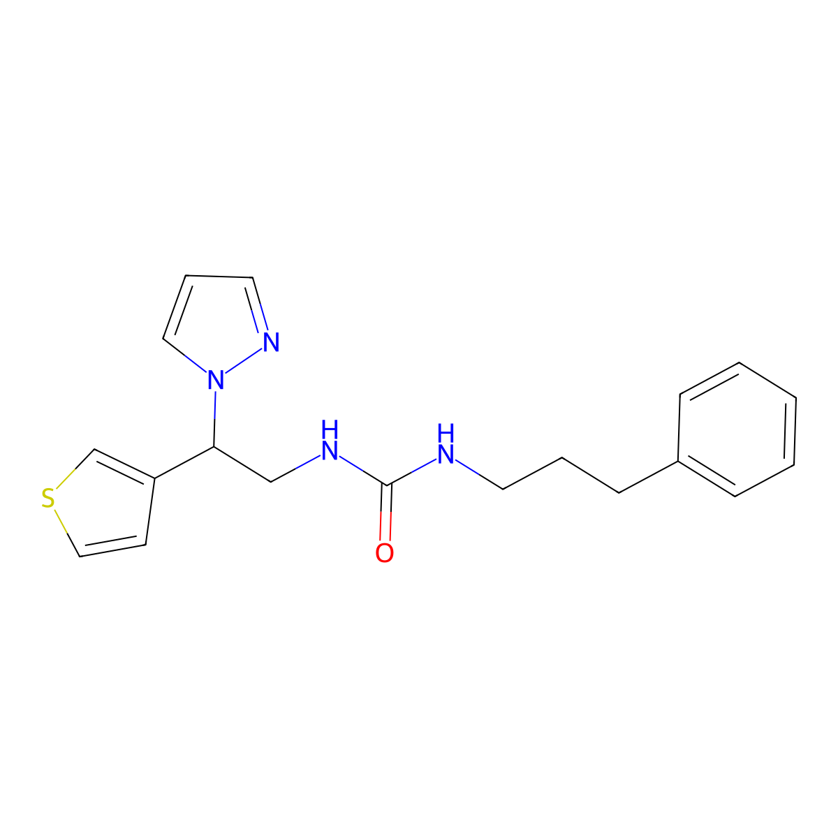 1-(2-(1H-pyrazol-1-yl)-2-(thiophen-3-yl)ethyl)-3-(3-phenylpropyl)urea molecular structure, CAS 2034342-39-5
