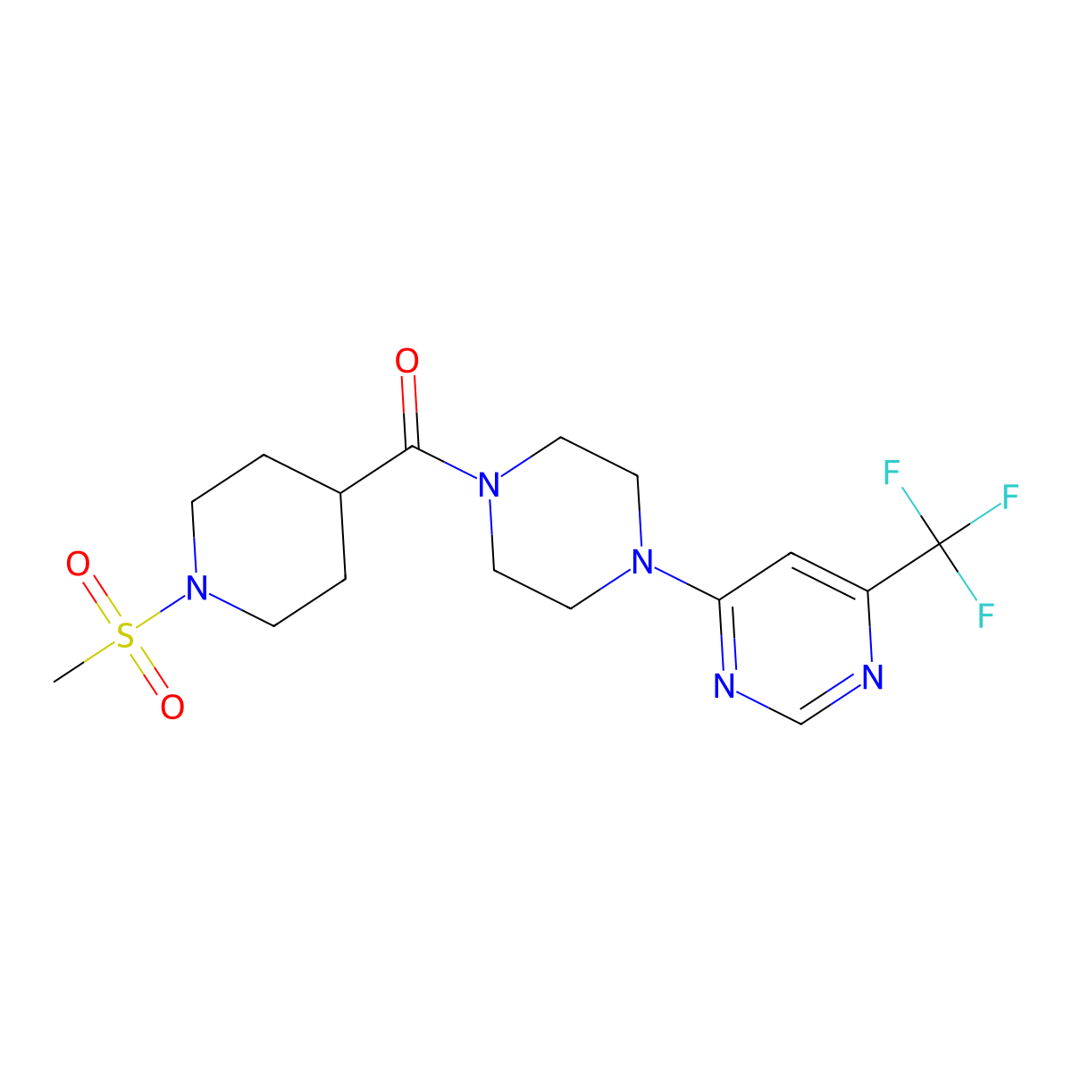 (1-(Methylsulfonyl)piperidin-4-yl)(4-(6-(trifluoromethyl)pyrimidin-4-yl)piperazin-1-yl)methanone molecular structure, CAS 2034342-44-2