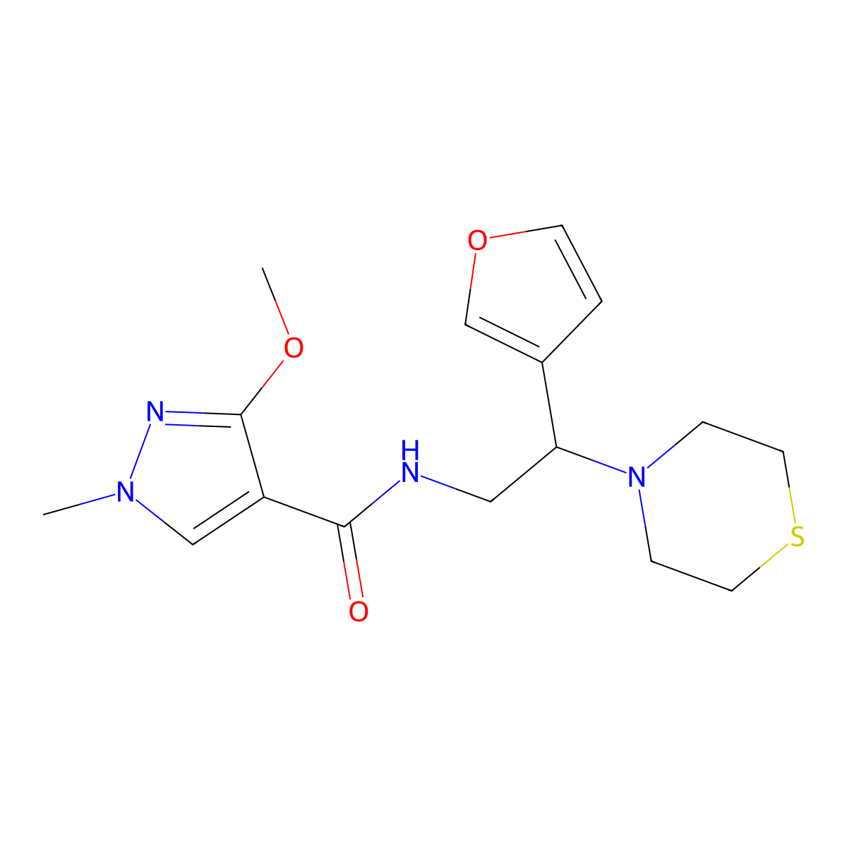 N-(2-(furan-3-yl)-2-thiomorpholinoethyl)-3-methoxy-1-methyl-1H-pyrazole-4-carboxamide molecular structure, CAS 2034342-51-1