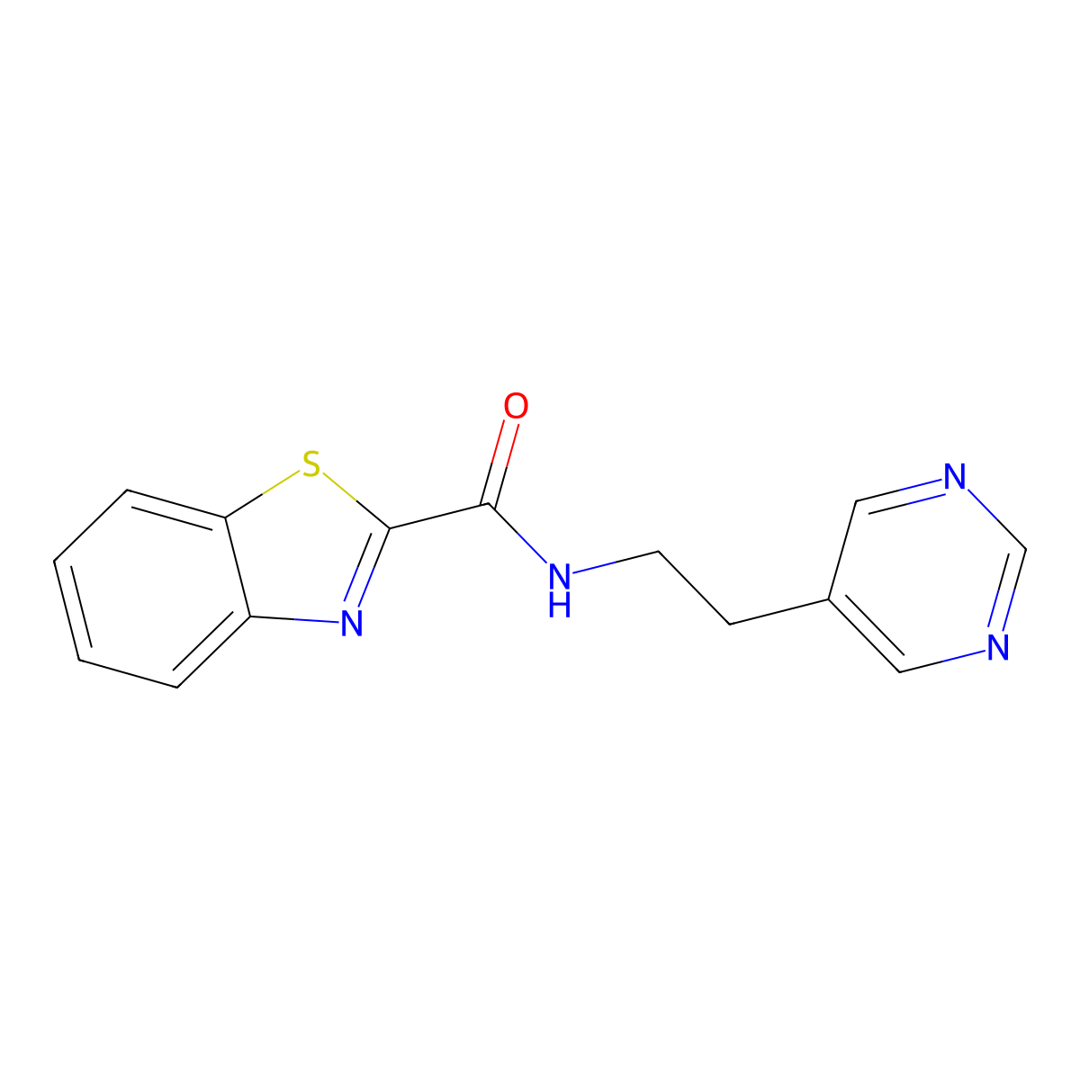N-(2-(pyrimidin-5-yl)ethyl)benzo[d]thiazole-2-carboxamide molecular structure, CAS 2034342-52-2