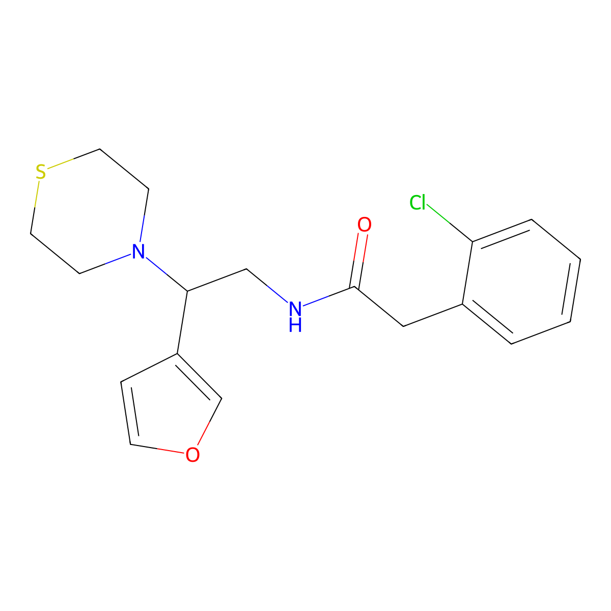 2-(2-chlorophenyl)-N-(2-(furan-3-yl)-2-thiomorpholinoethyl)acetamide molecular structure, CAS 2034342-56-6