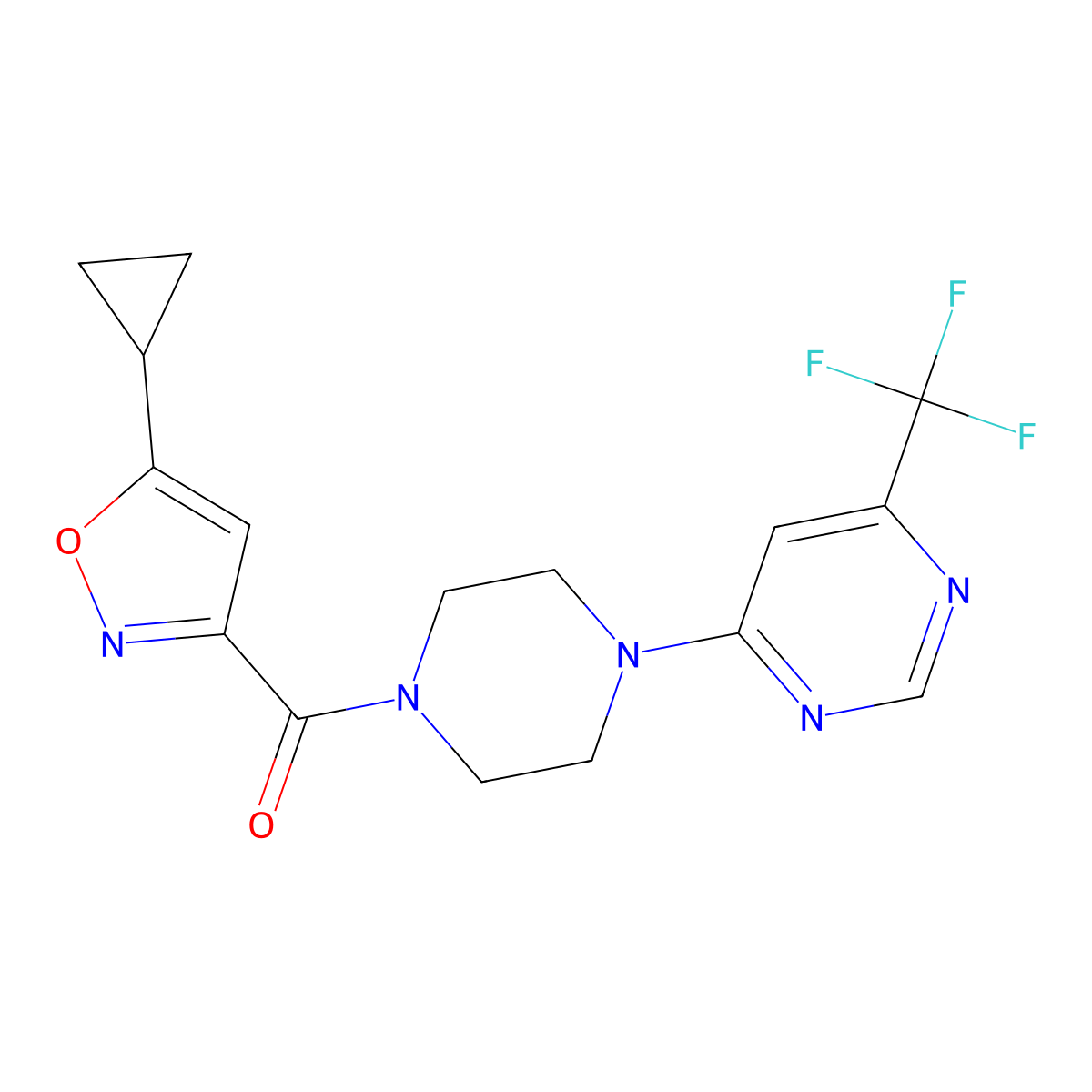 (5-Cyclopropylisoxazol-3-yl)(4-(6-(trifluoromethyl)pyrimidin-4-yl)piperazin-1-yl)methanone molecular structure, CAS 2034342-59-9