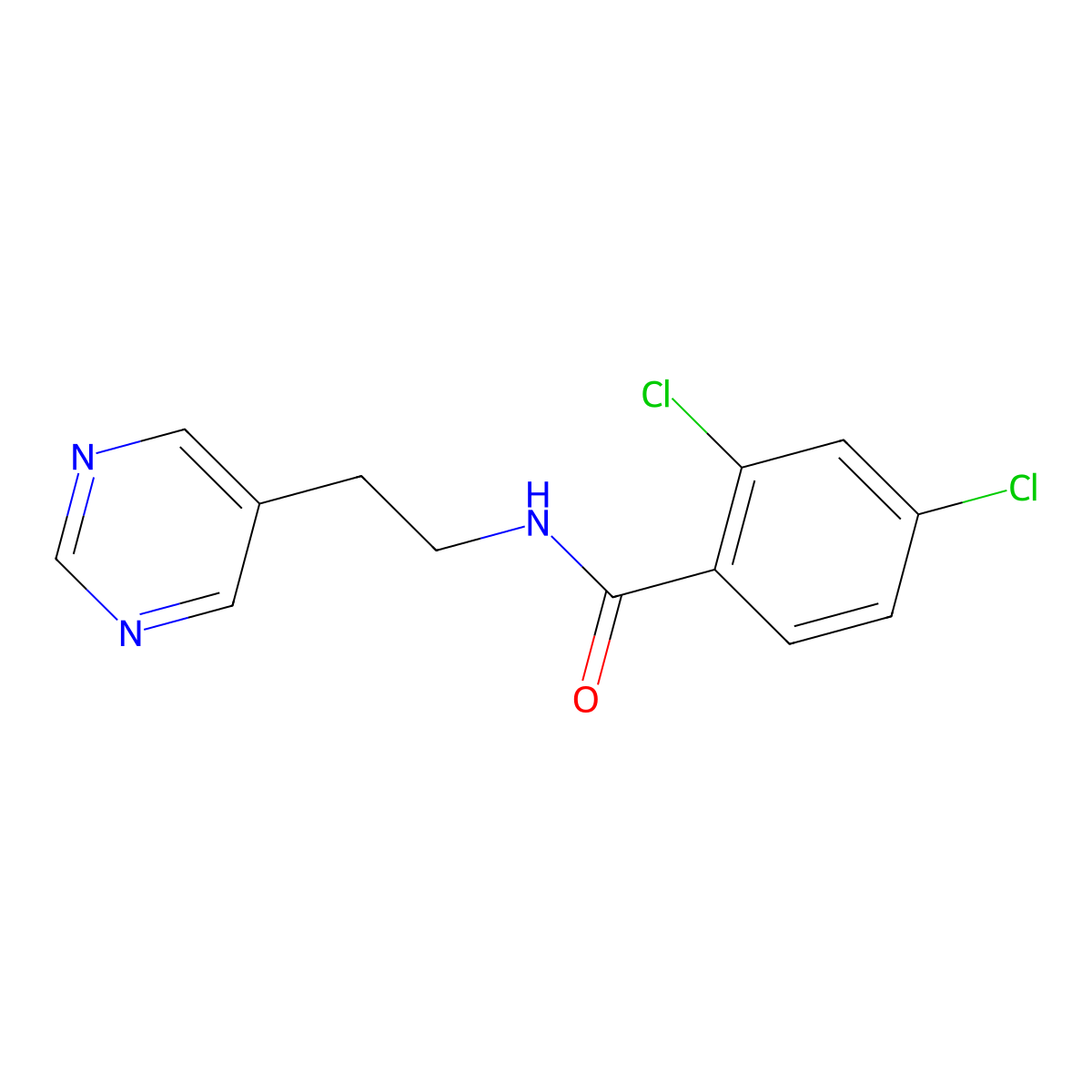 2,4-dichloro-N-(2-(pyrimidin-5-yl)ethyl)benzamide molecular structure, CAS 2034342-60-2