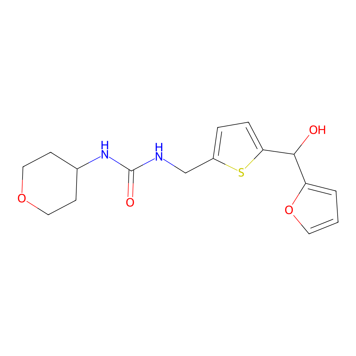 1-((5-(furan-2-yl(hydroxy)methyl)thiophen-2-yl)methyl)-3-(tetrahydro-2H-pyran-4-yl)urea molecular structure, CAS 2034342-64-6