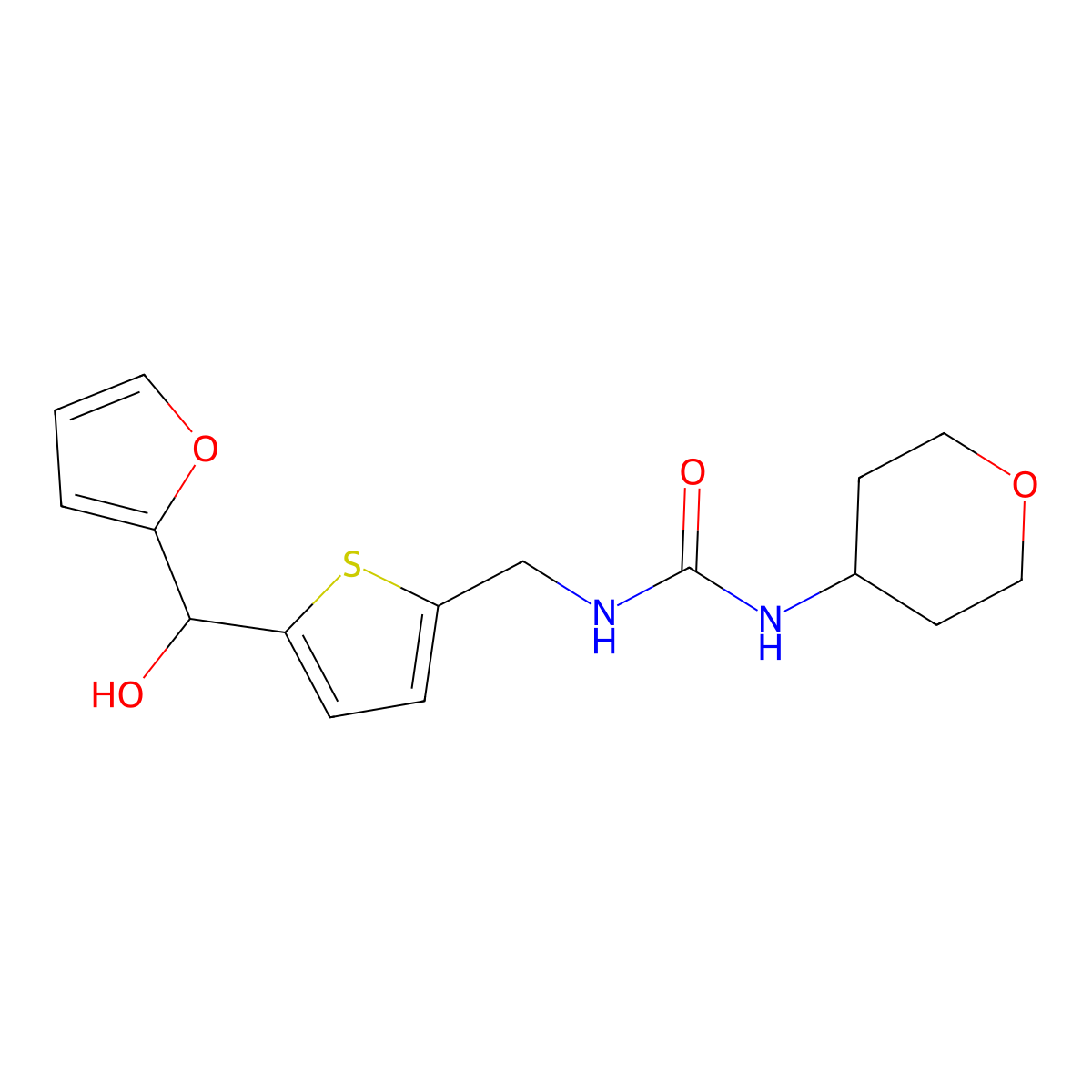 1-((5-(furan-2-yl(hydroxy)methyl)thiophen-2-yl)methyl)-3-(tetrahydro-2H-pyran-4-yl)urea molecular structure, CAS 2034342-64-6
