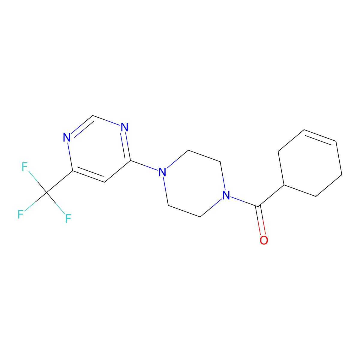 Cyclohex-3-en-1-yl(4-(6-(trifluoromethyl)pyrimidin-4-yl)piperazin-1-yl)methanone molecular structure, CAS 2034342-65-7