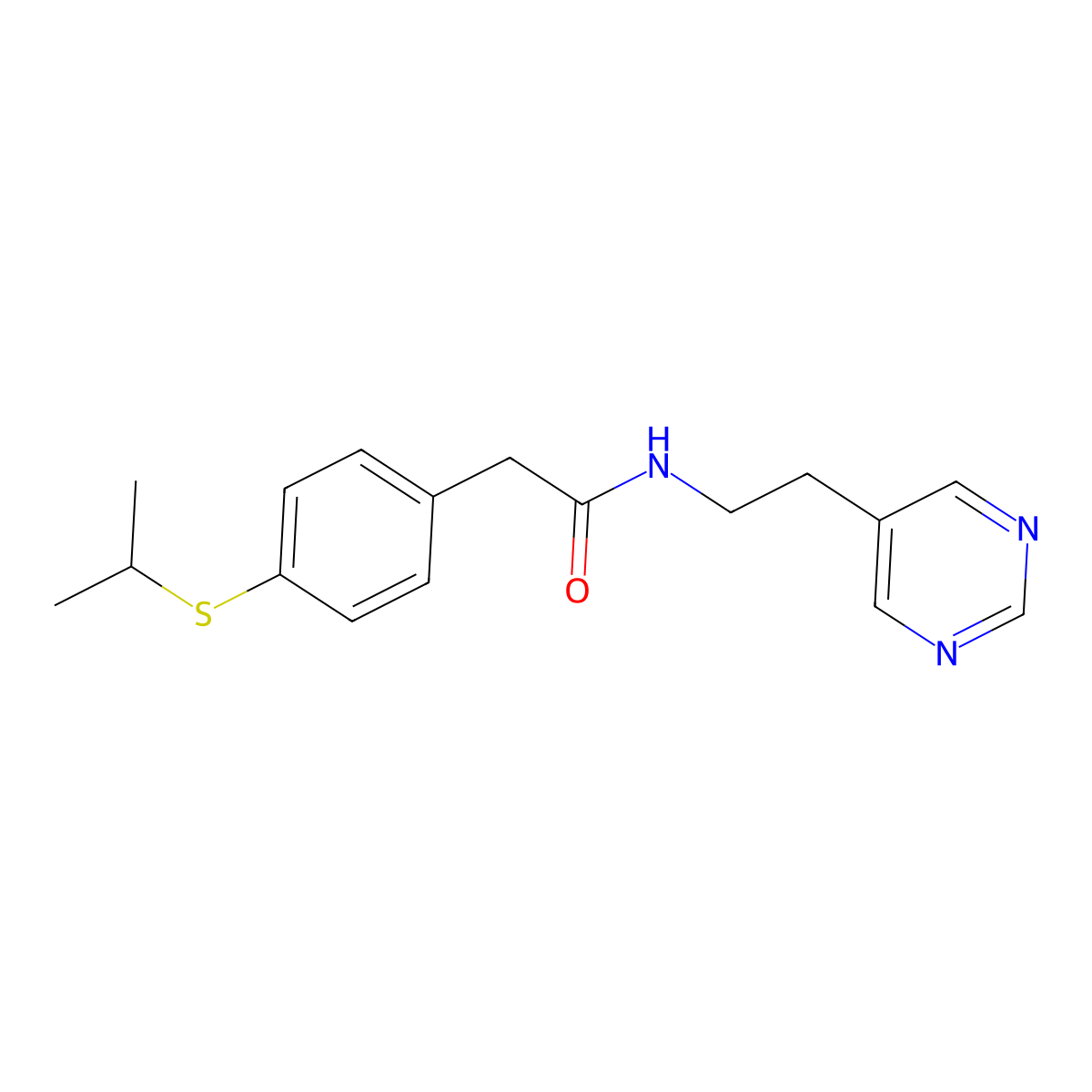 2-(4-(isopropylthio)phenyl)-N-(2-(pyrimidin-5-yl)ethyl)acetamide molecular structure, CAS 2034342-68-0