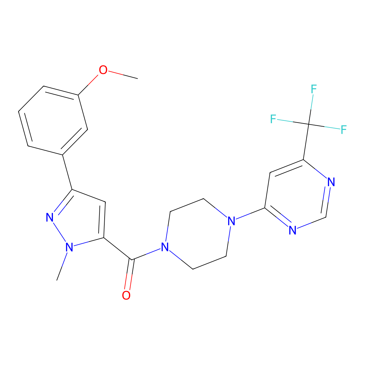 (3-(3-methoxyphenyl)-1-methyl-1H-pyrazol-5-yl)(4-(6-(trifluoromethyl)pyrimidin-4-yl)piperazin-1-yl)methanone molecular structure, CAS 2034342-74-8