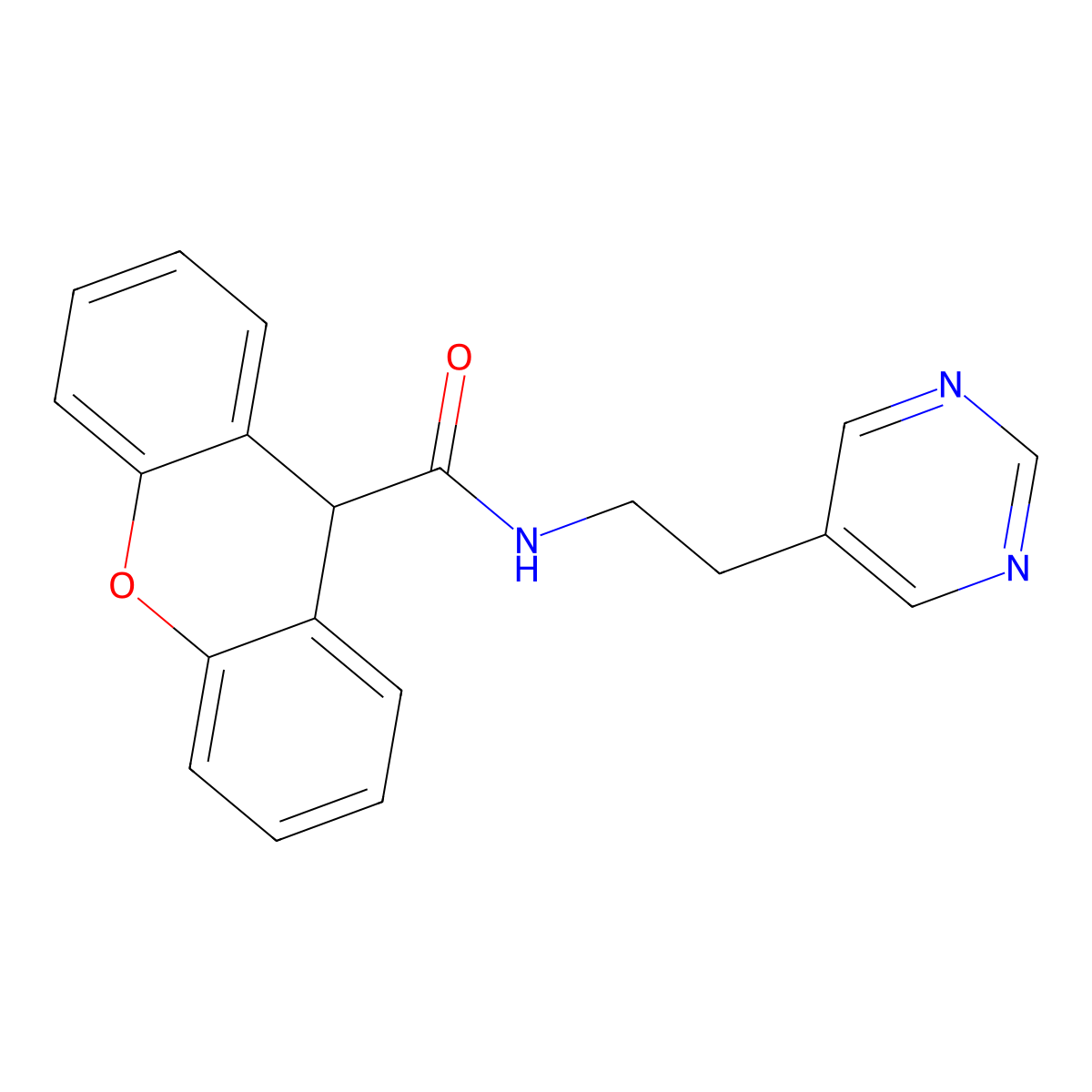 N-(2-(pyrimidin-5-yl)ethyl)-9H-xanthene-9-carboxamide molecular structure, CAS 2034342-78-2