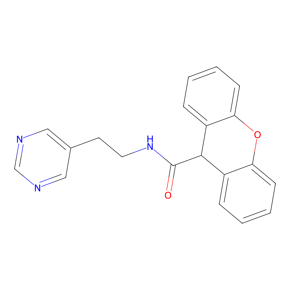 N-(2-(pyrimidin-5-yl)ethyl)-9H-xanthene-9-carboxamide molecular structure, CAS 2034342-78-2