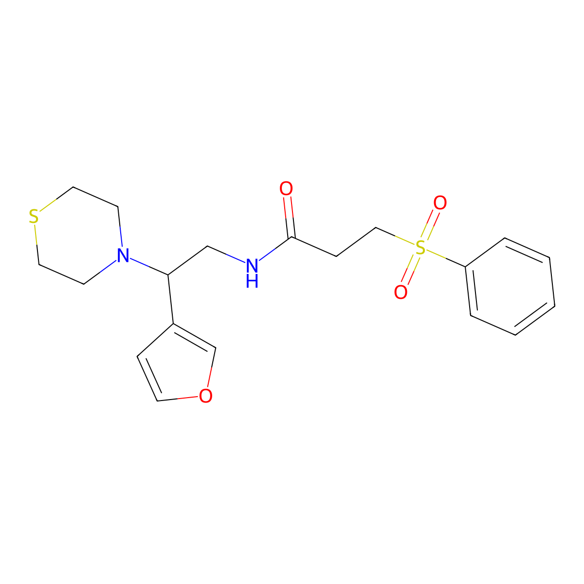 N-(2-(furan-3-yl)-2-thiomorpholinoethyl)-3-(phenylsulfonyl)propanamide molecular structure, CAS 2034342-85-1