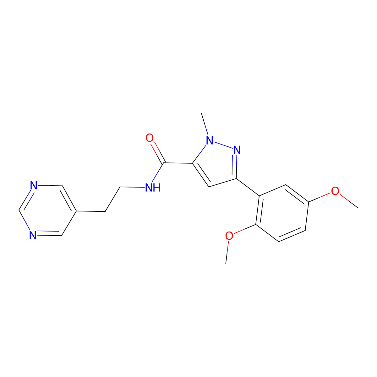 3-(2,5-dimethoxyphenyl)-1-methyl-N-(2-(pyrimidin-5-yl)ethyl)-1H-pyrazole-5-carboxamide molecular structure, CAS 2034342-88-4