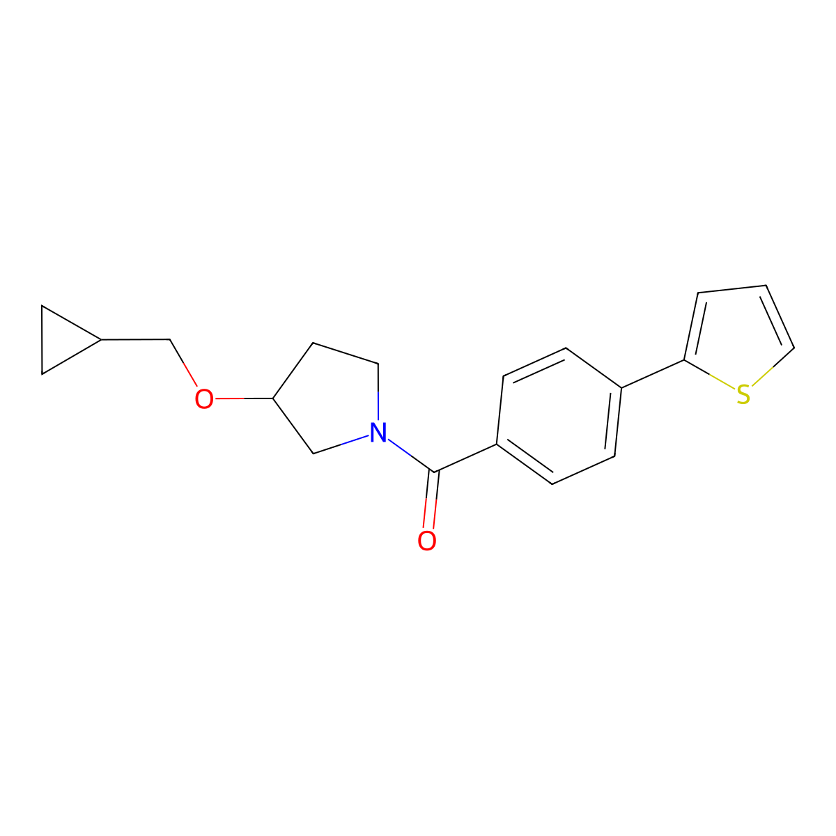 (3-(Cyclopropylmethoxy)pyrrolidin-1-yl)(4-(thiophen-2-yl)phenyl)methanone molecular structure, CAS 2034342-91-9
