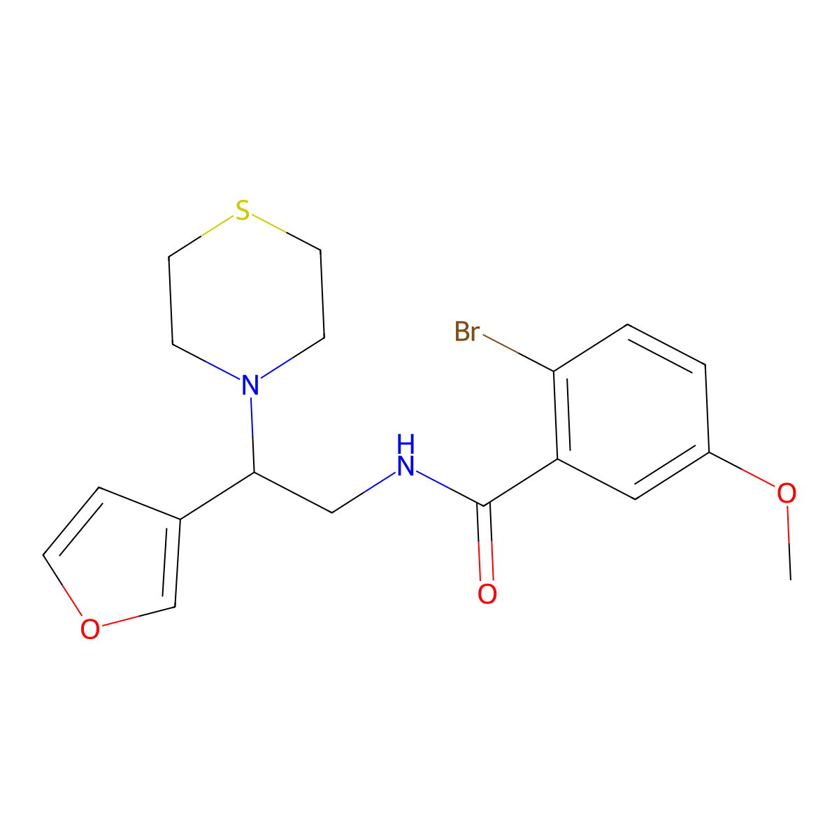 2-bromo-N-(2-(furan-3-yl)-2-thiomorpholinoethyl)-5-methoxybenzamide molecular structure, CAS 2034342-93-1