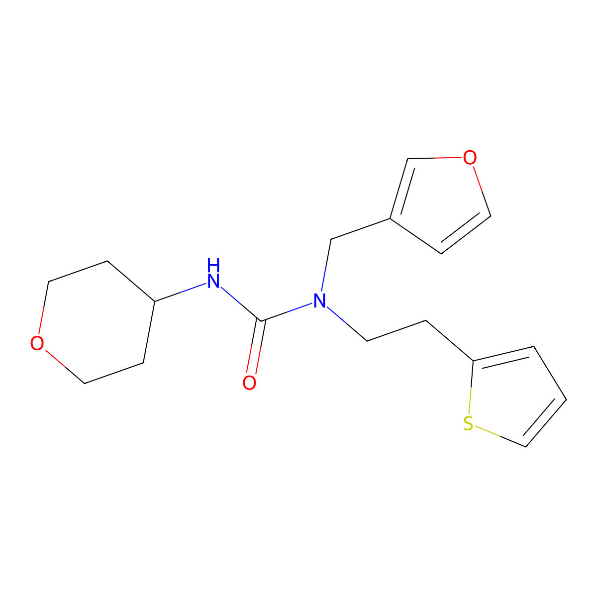1-(furan-3-ylmethyl)-3-(tetrahydro-2H-pyran-4-yl)-1-(2-(thiophen-2-yl)ethyl)urea molecular structure, CAS 2034342-99-7