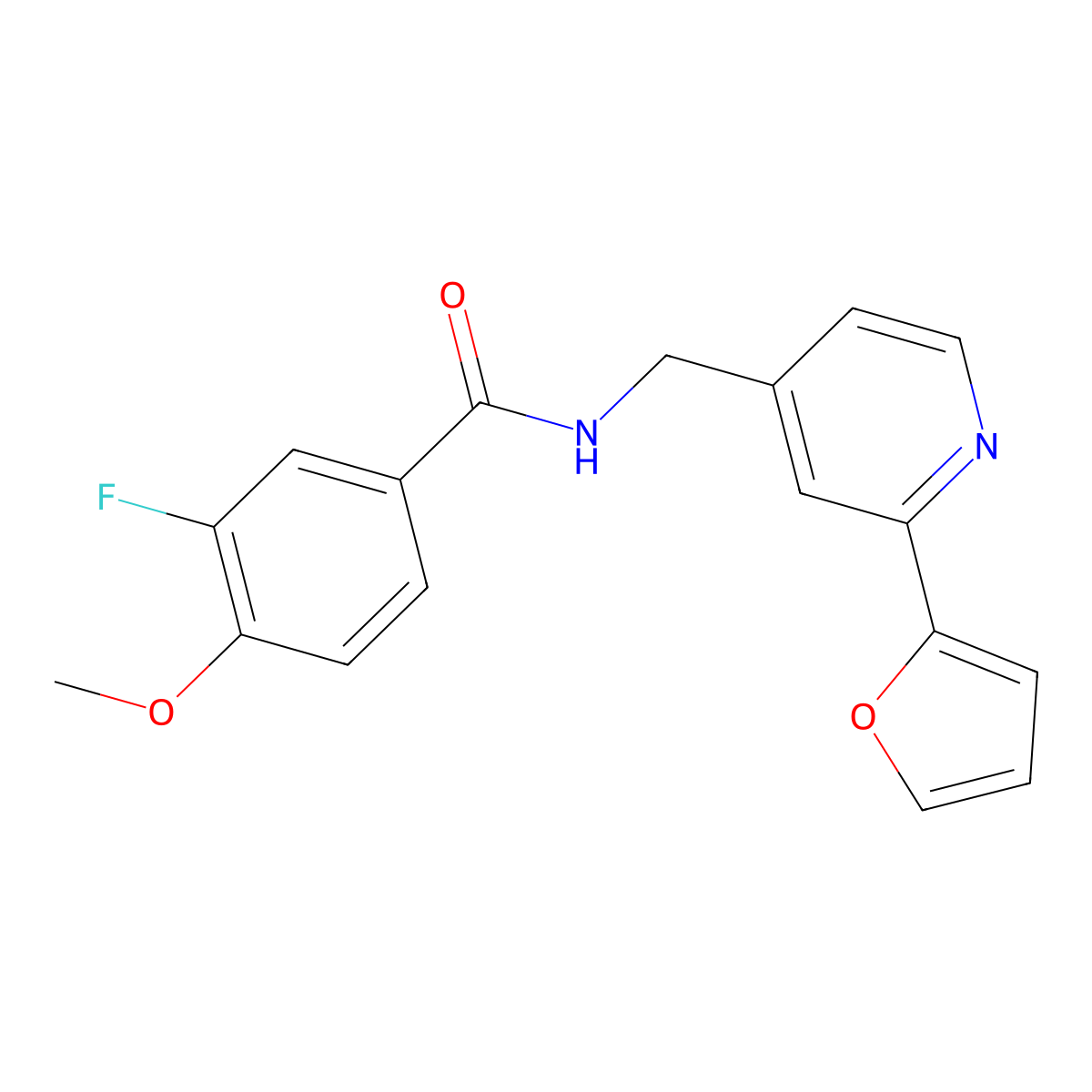 3-fluoro-N-((2-(furan-2-yl)pyridin-4-yl)methyl)-4-methoxybenzamide molecular structure, CAS 2034343-00-3