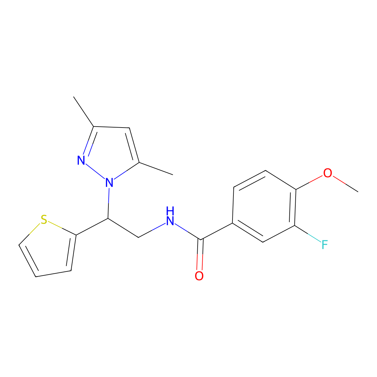 N-(2-(3,5-dimethyl-1H-pyrazol-1-yl)-2-(thiophen-2-yl)ethyl)-3-fluoro-4-methoxybenzamide molecular structure, CAS 2034343-02-5