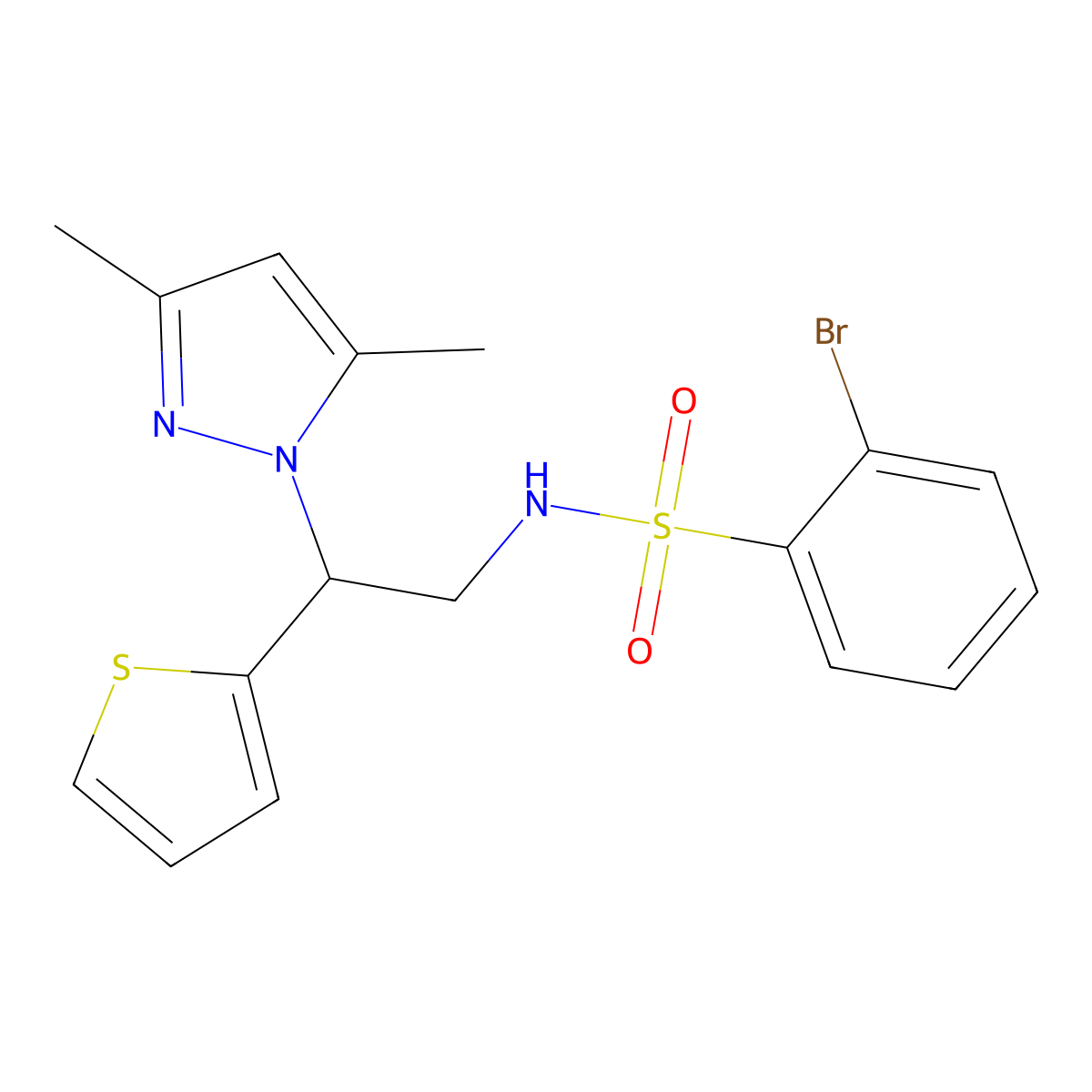 2-bromo-N-(2-(3,5-dimethyl-1H-pyrazol-1-yl)-2-(thiophen-2-yl)ethyl)benzenesulfonamide molecular structure, CAS 2034343-13-8