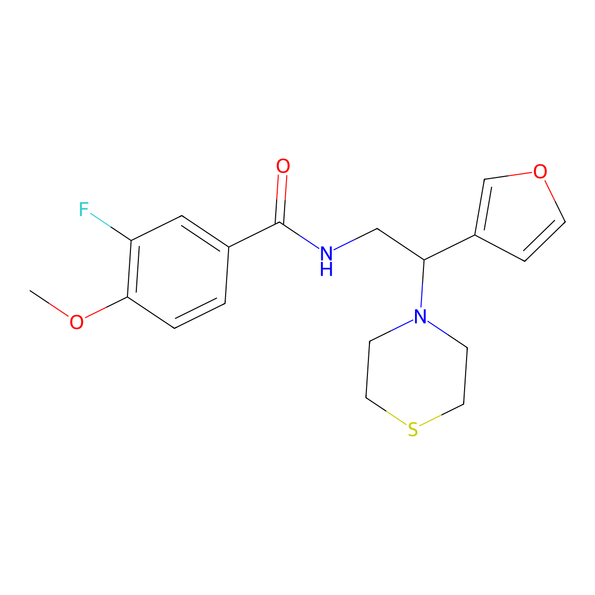 3-fluoro-N-(2-(furan-3-yl)-2-thiomorpholinoethyl)-4-methoxybenzamide molecular structure, CAS 2034343-17-2